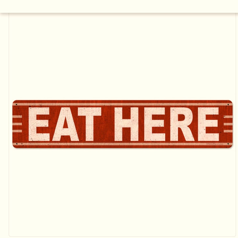 Retro metal sign. Large red and white EAT HERE Vintage looking Sign 28x6 🇺🇸